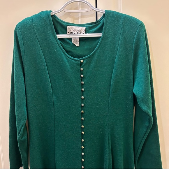 California Rhythms Vintage 90s Green A Line Dress Sz L Back Tie Button Front - Picture 3 of 12